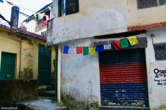 tibetan prayer flags チベットの旗タルチョー　インドのマクロードガンジの街中